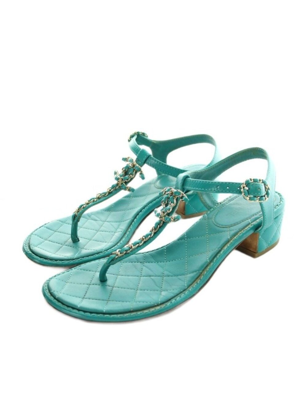 Chanel Thong Sandals CC Logo Chain Leather Green
